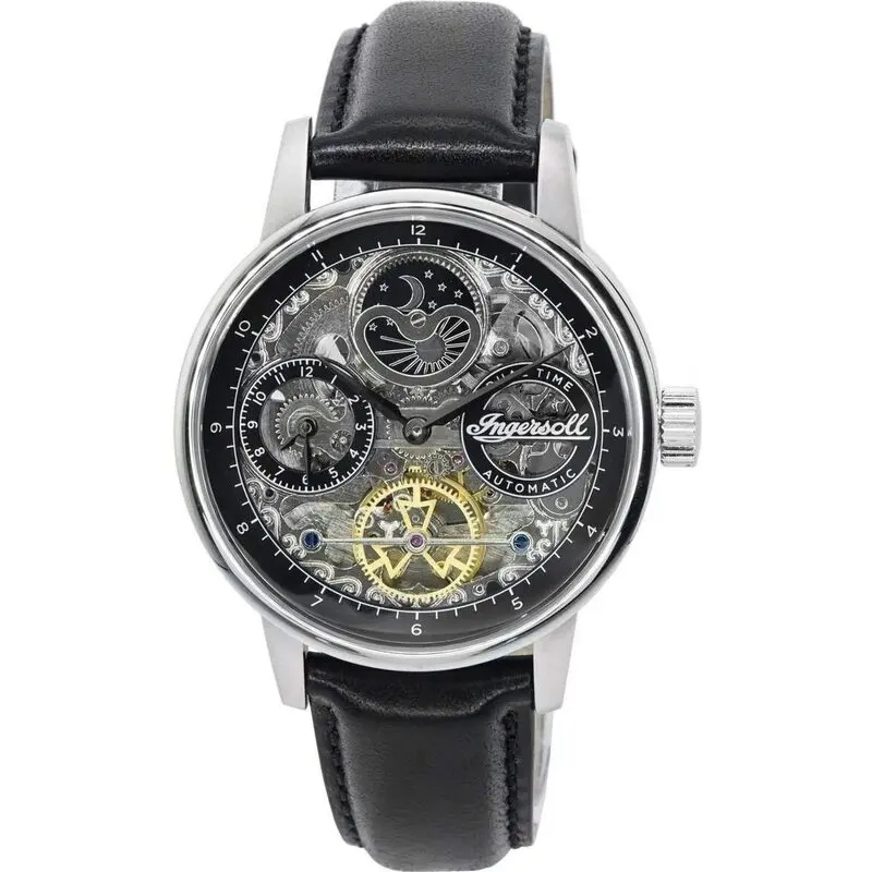Ingersoll The Jazz Sun and Moon Phase Leather Strap Skeleton Silver Dial Automatic I07701 Men's Watch