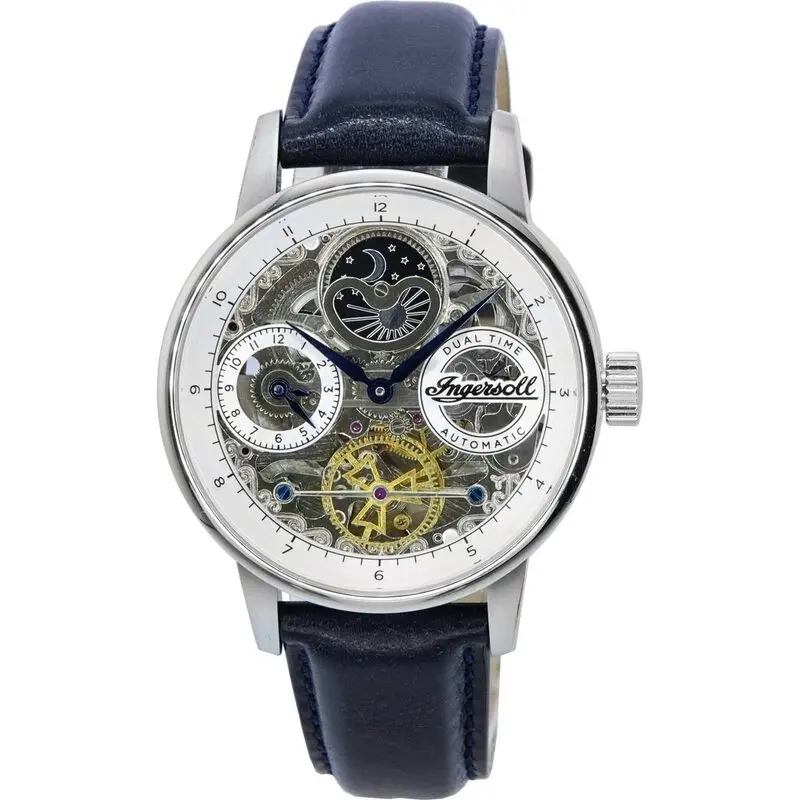 Ingersoll The Jazz Sun and Moon Phase Leather Strap Skeleton Silver Dial Automatic I07702 Men's Watch