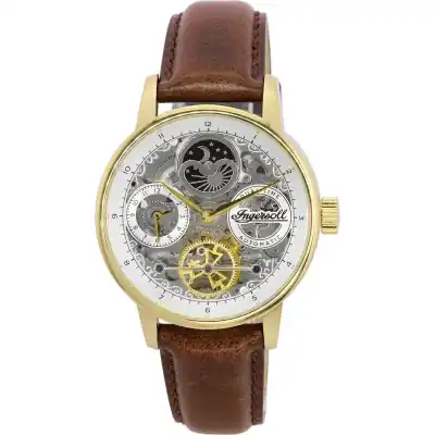 I07704 Ingersoll The Jazz Moon Phase Leather Strap Skeleton Gold Dial Automatic I07704 Men's Watch