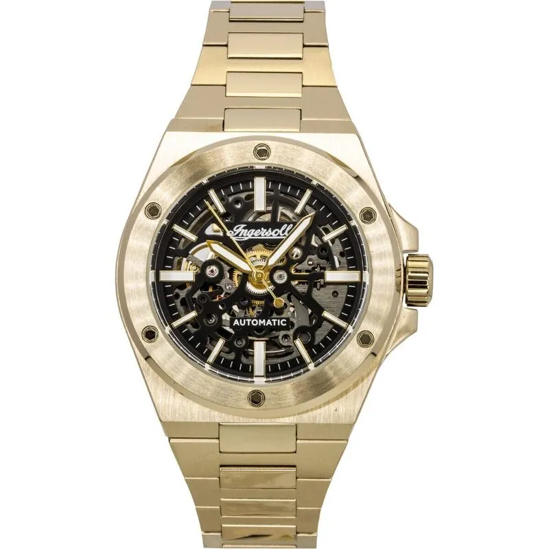 Ingersoll The Baller Gold Tone Stainless Steel Black Skeleton Dial Automatic I15001 Men's Watch