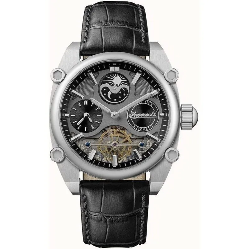 Ingersoll The Varsity Sun And Moon Phase Leather Strap Skeleton Grey Dial Automatic I15402 Men's Watch