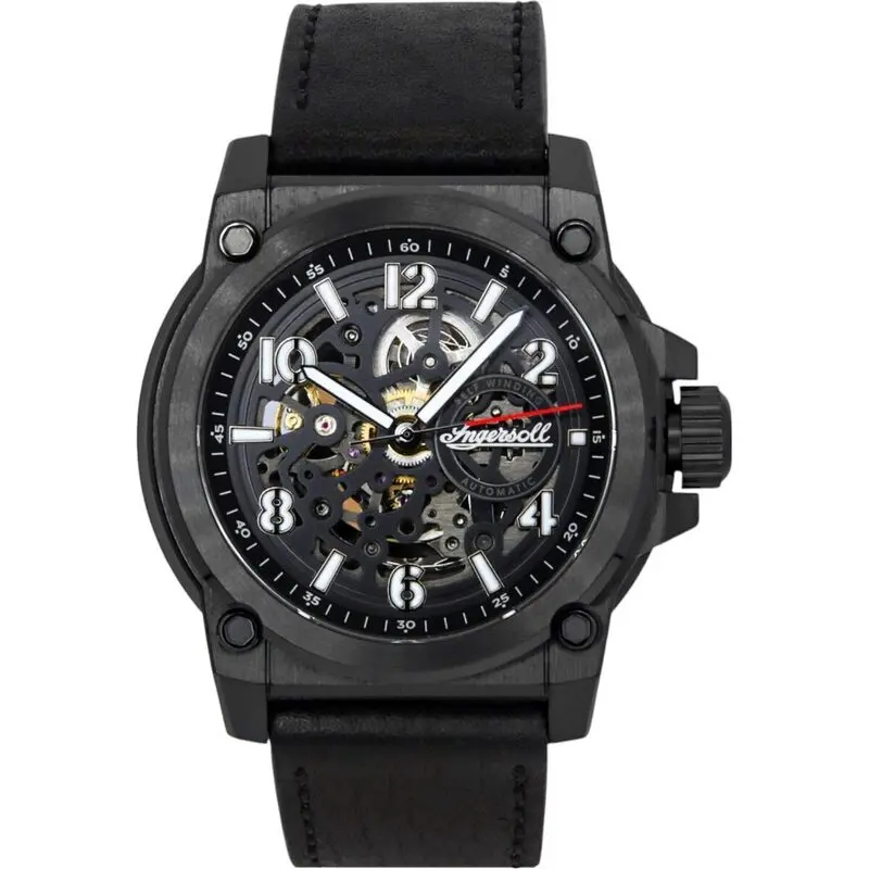 Ingersoll The Anvil Leather Strap Black Skeleton Dial Automatic I16602 Men's Watch
