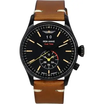 Iron Annie Flight Control Dual Time Leather Strap Black Dial Quartz 51442 Men's Watch