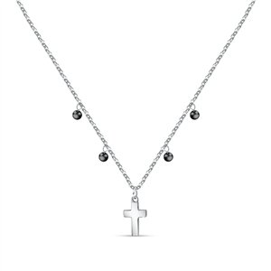La Petite Story Steel Cross Necklace With Clear Zircon And Black Beads LPS10ASF07 For Women