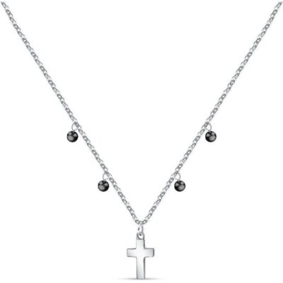 La Petite Story Steel Cross Necklace With Clear Zircon And Black Beads LPS10ASF07 For Women
