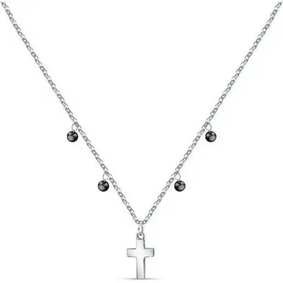 La Petite Story Steel Cross Necklace With Clear Zircon And Black Beads LPS10ASF07 For Women
