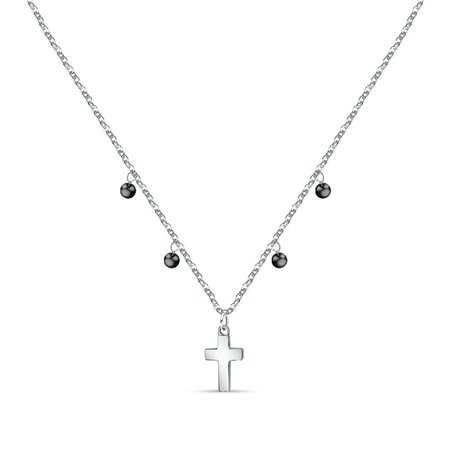 La Petite Story Steel Cross Necklace With Clear Zircon And Black Beads LPS10ASF07 For Women
