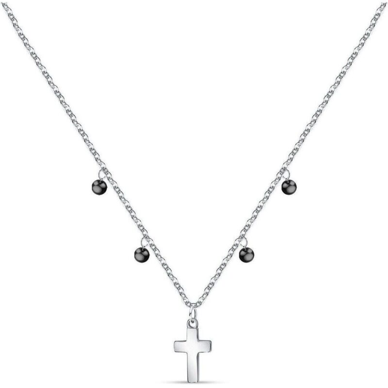La Petite Story Steel Cross Necklace With Clear Zircon And Black Beads LPS10ASF07 For Women