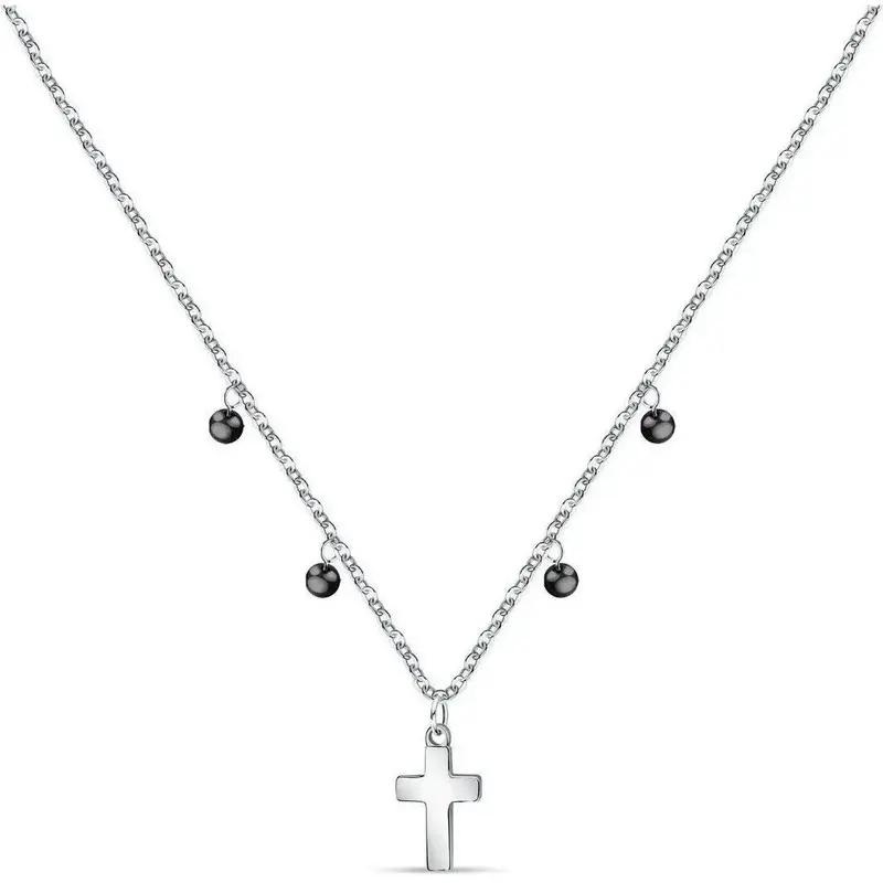 La Petite Story Steel Cross Necklace With Clear Zircon And Black Beads LPS10ASF07 For Women