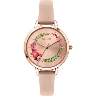 Oui & Me Fleurette Rose Gold Sunray Dial Leather Strap Quartz ME010038 Women's Watch