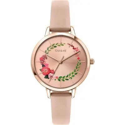 Oui & Me Fleurette Rose Gold Sunray Dial Leather Strap Quartz ME010038 Women's Watch