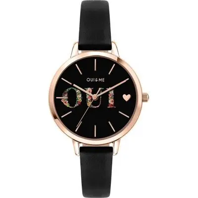 Oui & Me Fleurette Black Dial Leather Strap Quartz ME010079 Women's Watch