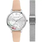 Oui & Me Fleurette Pink Leather Strap Silver Dial Solar ME010373 Women's Watch With Extra Bracelet