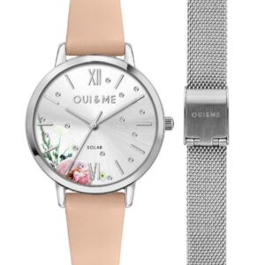 Oui & Me Fleurette Pink Leather Strap Silver Dial Solar ME010373 Women's Watch With Extra Bracelet