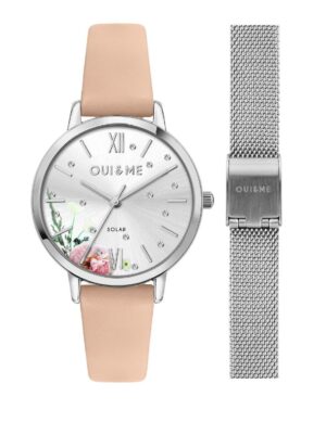 Oui & Me Fleurette Pink Leather Strap Silver Dial Solar ME010373 Women's Watch With Extra Bracelet
