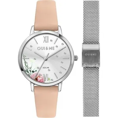 Oui & Me Fleurette Pink Leather Strap Silver Dial Solar ME010373 Women's Watch With Extra Bracelet