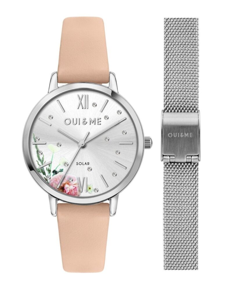 Oui & Me Fleurette Pink Leather Strap Silver Dial Solar ME010373 Women's Watch With Extra Bracelet