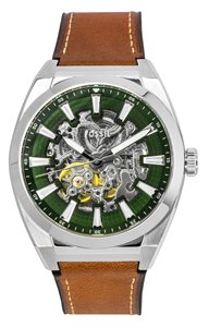 Fossil Everett Brown Leather Strap Green Skeleton Dial Automatic ME3261 Men's Watch 42 mm