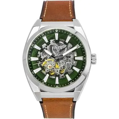 Fossil Everett Brown Leather Strap Green Skeleton Dial Automatic ME3261 Men's Watch 42 mm