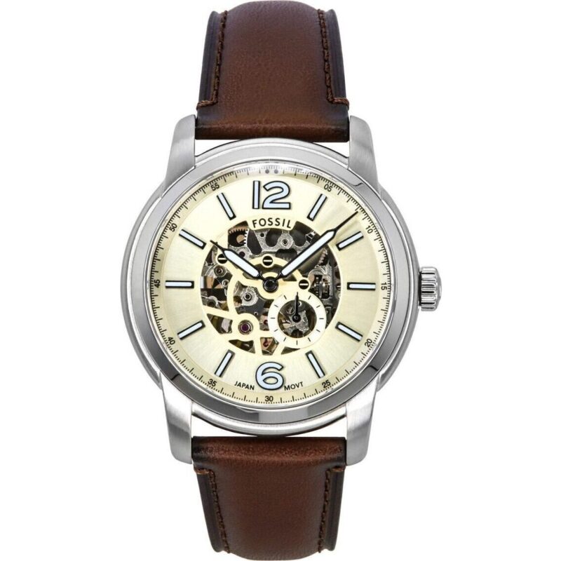 Fossil Heritage Brown Leather Strap Cream Skeleton Dial Automatic ME3264 Men's Watch