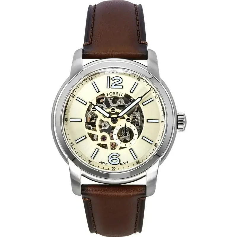 Fossil Heritage Brown Leather Strap Cream Skeleton Dial Automatic ME3264 Men's Watch