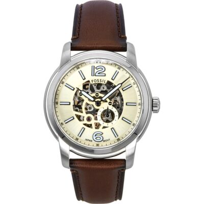 Fossil Heritage Brown Leather Strap Cream Skeleton Dial Automatic ME3264 Men's Watch