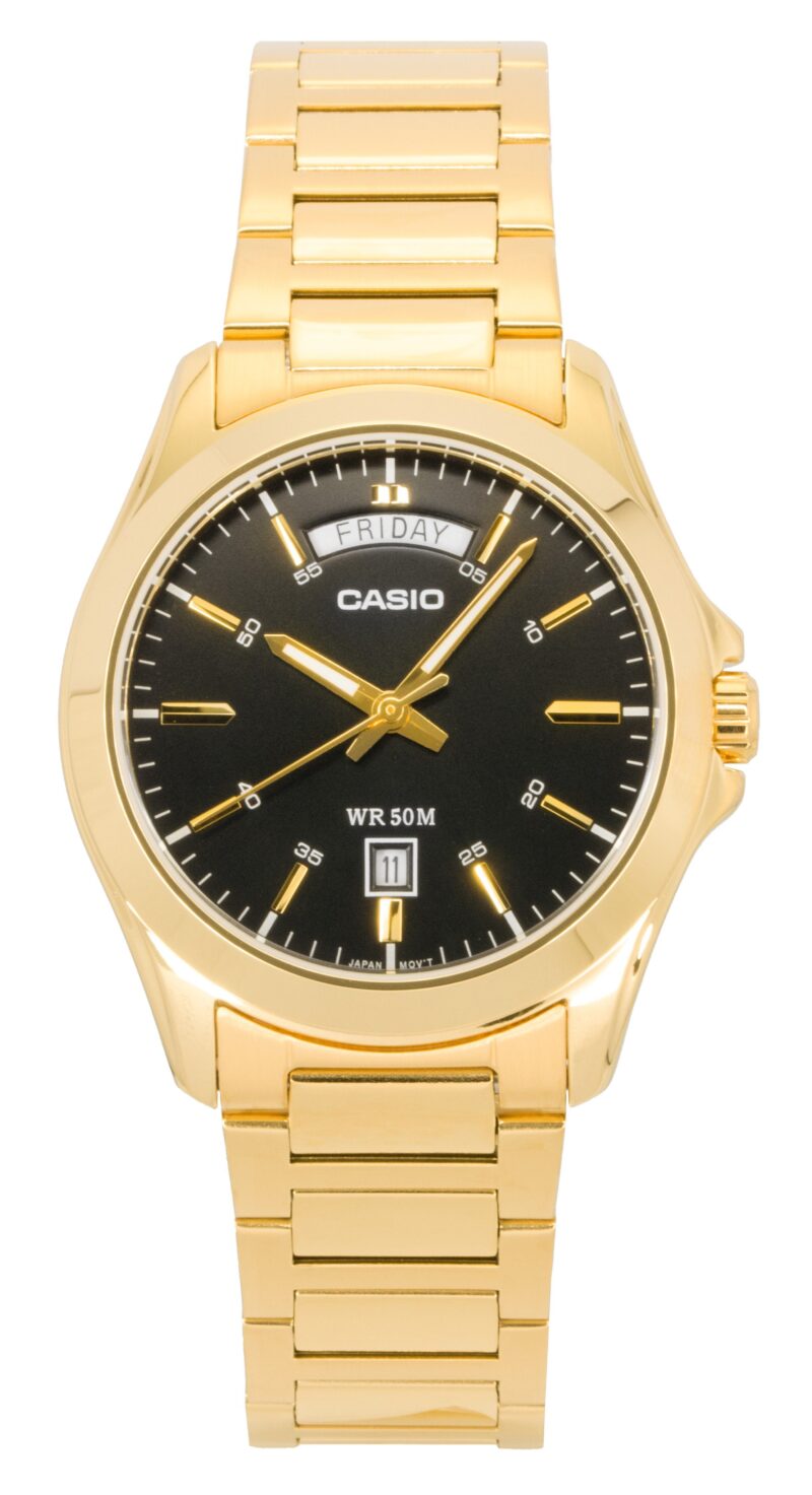 Casio Standard Analog Gold Tone Stainless Steel Black Dial Quartz MTP-1370G-1AV Men's Watch