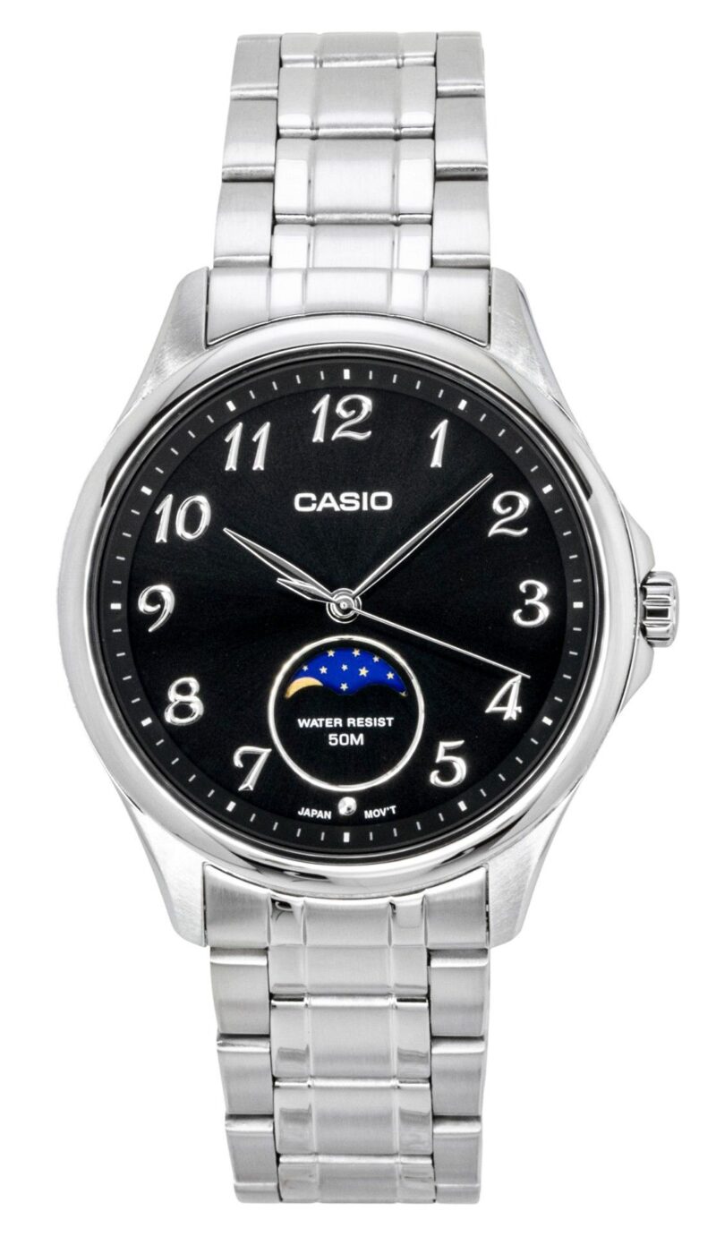 Casio Standard Analog Moon Phase Stainless Steel Black Dial Quartz MTP-M110D-1AV Men's Watch