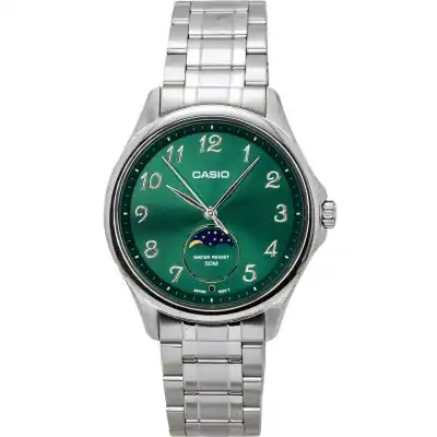 Casio Standard Analog Moon Phase Stainless Steel Green Dial Quartz MTP-M110D-3AV Men's Watch