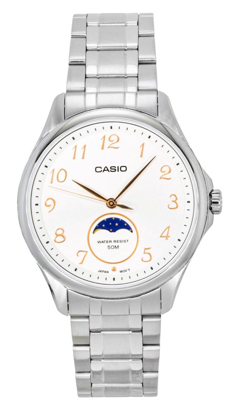 Casio Standard Analog Moon Phase Stainless Steel White Dial Quartz MTP-M110D-7AV Men's Watch
