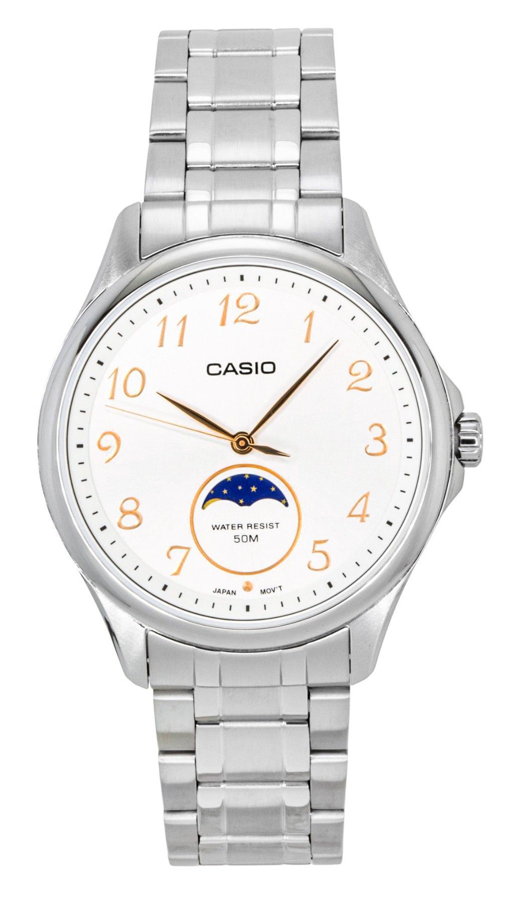 Casio Standard Analog Moon Phase Stainless Steel White Dial Quartz MTP-M110D-7AV Men's Watch