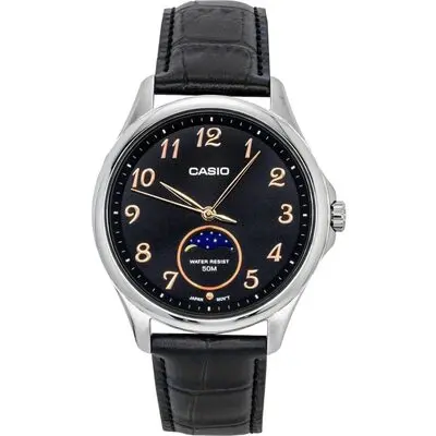 Casio Standard Analog Moon Phase Leather Strap Black Dial Quartz MTP-M110L-1AV Men's Watch