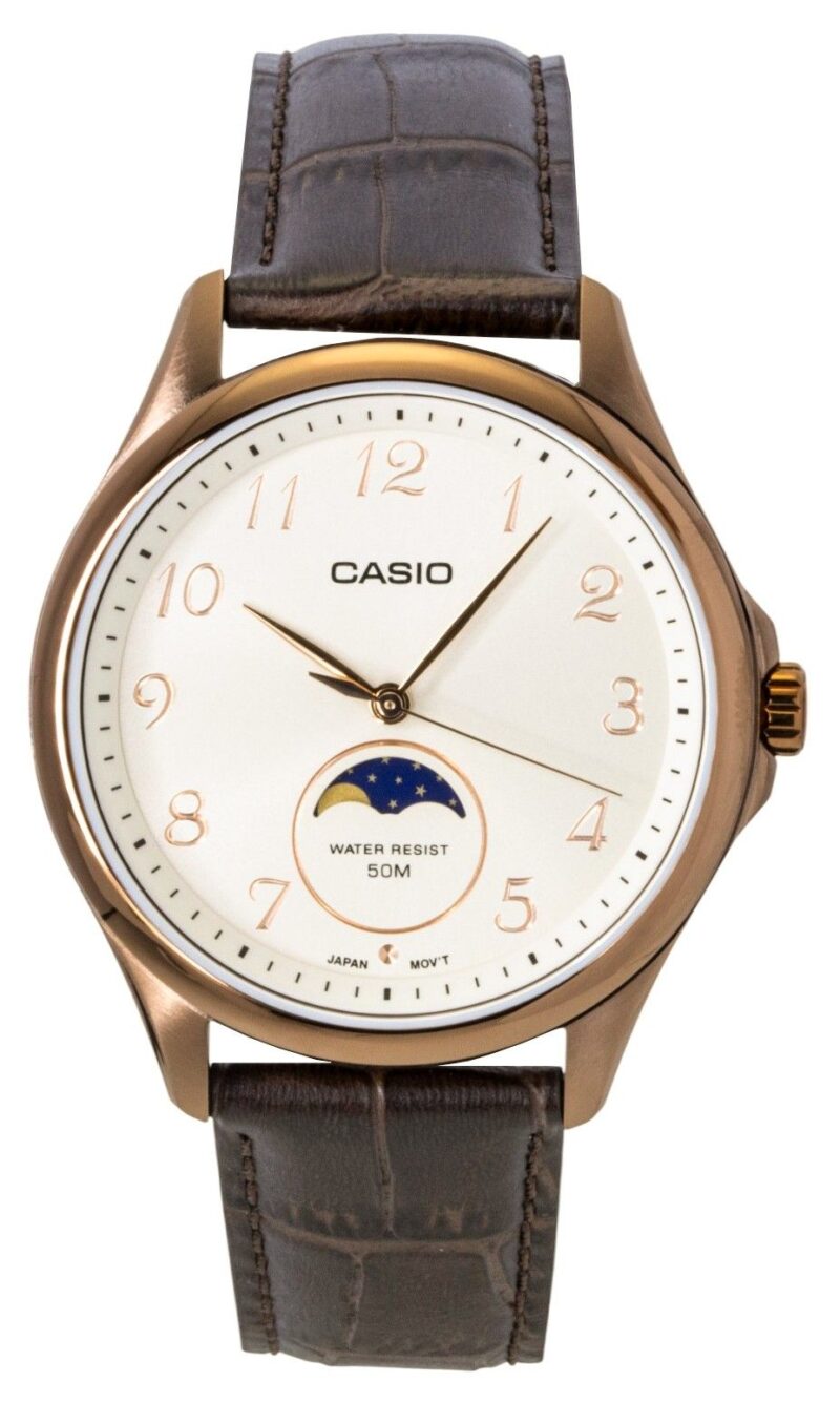 Casio Standard Analog Moon Phase Leather Strap Ivory Dial Quartz MTP-M110RL-5AV Men's Watch