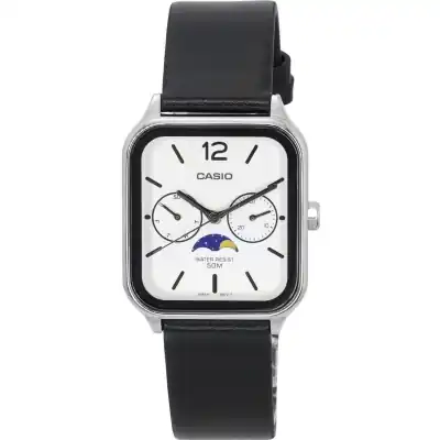 Casio Standard Analog Moon Phase Leather Strap White Dial Quartz MTP-M305L-7A Men's Watch