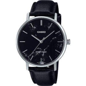 Casio Standard Analog Black Leather Strap Marble Inspired Black Dial Quartz MTP-VT01LM-1A Men's Watch