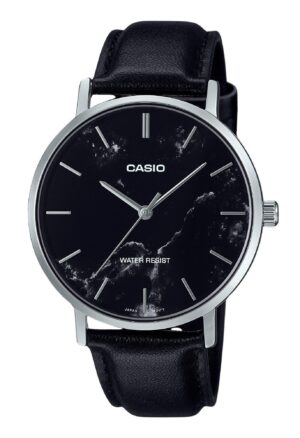 Casio Standard Analog Black Leather Strap Marble Inspired Black Dial Quartz MTP-VT01LM-1A Men's Watch