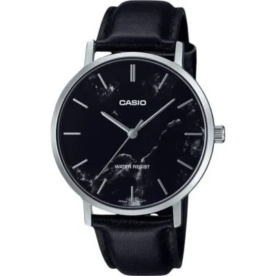 Casio Standard Analog Black Leather Strap Marble Inspired Black Dial Quartz MTP-VT01LM-1A Men's Watch