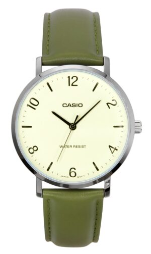 Casio Standard Analog Green Leather Strap White Dial Quartz MTP-VT03L-7B Men's Watch