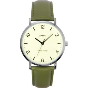 Casio Standard Analog Green Leather Strap White Dial Quartz MTP-VT03L-7B Men's Watch