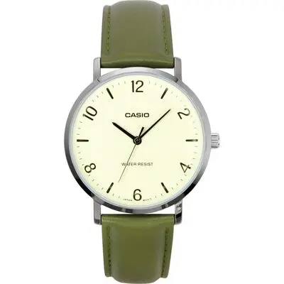 Casio Standard Analog Green Leather Strap White Dial Quartz MTP-VT03L-7B Men's Watch