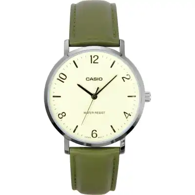 Casio Standard Analog Green Leather Strap White Dial Quartz MTP-VT03L-7B Men's Watch