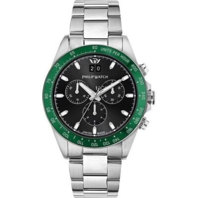 Philip Watch Swiss Made Caribe Sport Chronograph Stainless Steel Black Sunray Dial Quartz R8273607010 100M Men's Watch