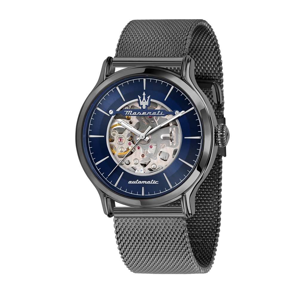R8823118012 Maserati Epoca Stainless Steel Mesh Bracelet Blue Skeleton Dial Automatic R8823118012 100M Men's Watch