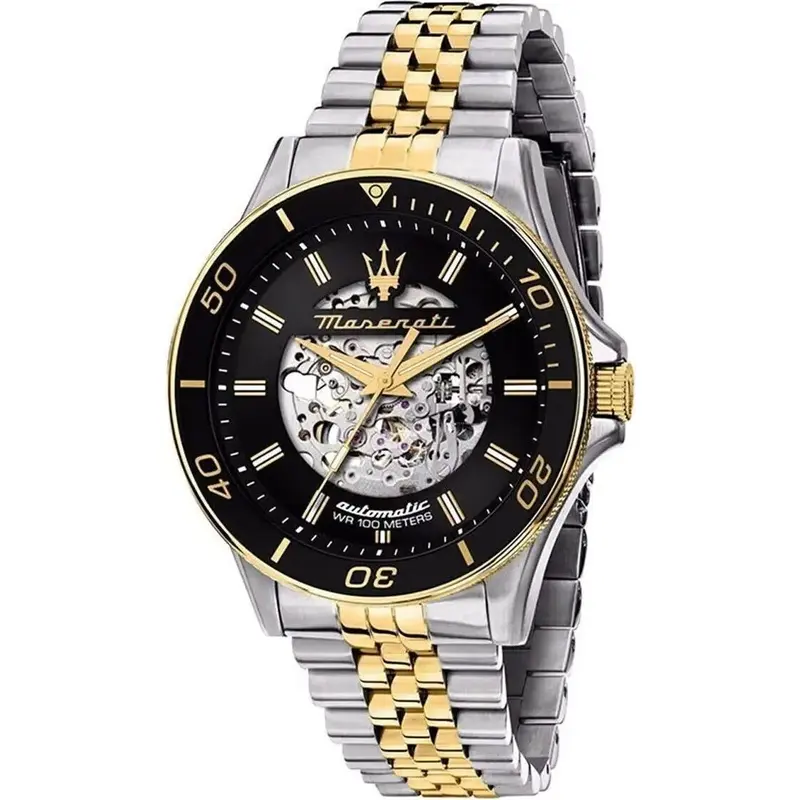 Maserati Sfida Two Tone Stainless Steel Skeleton Black Sunray Dial Automatic R8823140010 100M Men's Watch