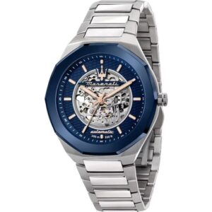 Maserati Stile Stainless Steel Blue Skeleton Dial Automatic R8823142004 100M Men's Watch