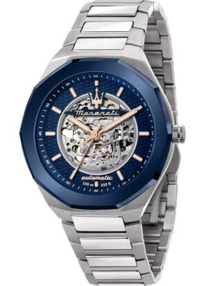 Maserati Stile Stainless Steel Blue Skeleton Dial Automatic R8823142004 100M Men's Watch