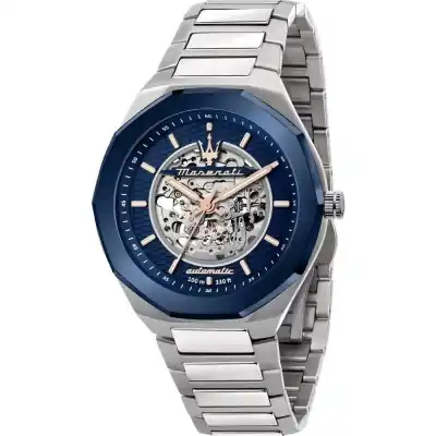Maserati Stile Stainless Steel Blue Skeleton Dial Automatic R8823142004 100M Men's Watch
