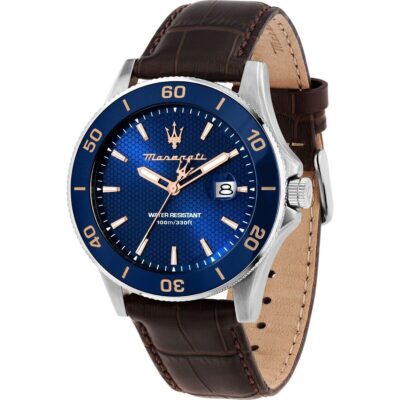 Maserati Patterned Dial Watch Men Water Resistant 100meters Blue Leather Brown Strap Quartz Battery Analog Three Hand Competizione R8851100004