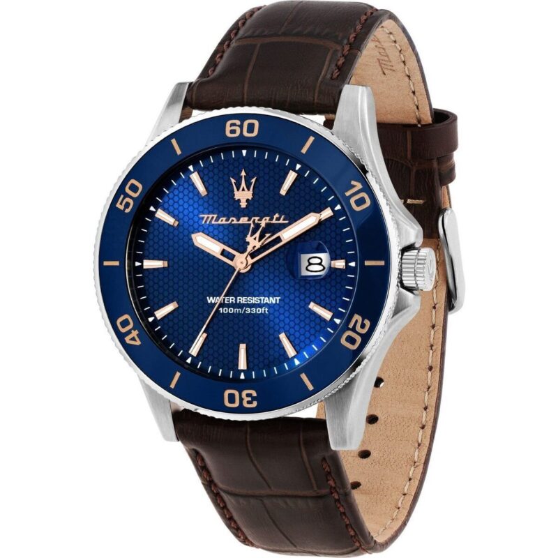 R8851100004 Maserati Patterned Dial Watch Men Water Resistant 100meters Blue Leather Brown Strap Quartz Battery Analog Three Hand Competizione R8851100004