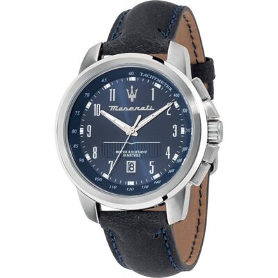 Maserati Watch Men Blue Dial Leather Strap Quartz Battery Analog Three Hand Water Resistant 50 Meters Successo R8851121003